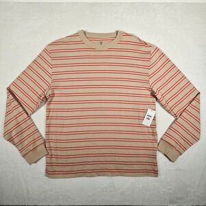 MODE OF ONE Mens Tan Red Stripe Long Sleeve Crew Neck T Shirt Cotton Size Small
